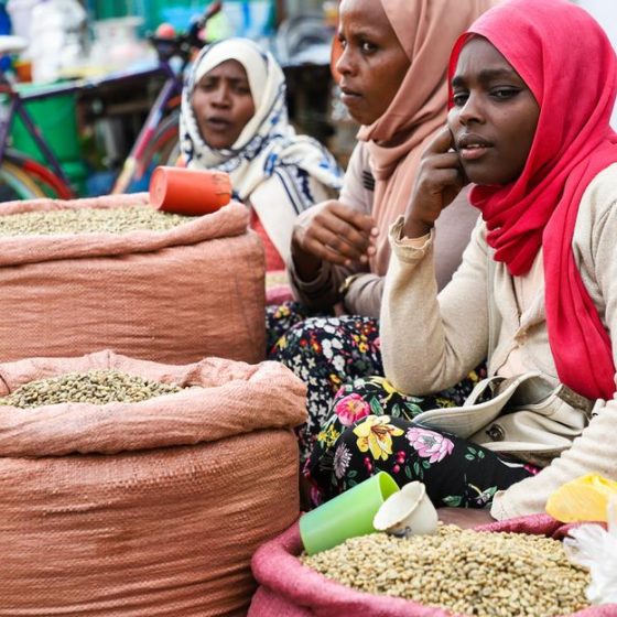 Женщины-африканки продают зеленый кофе